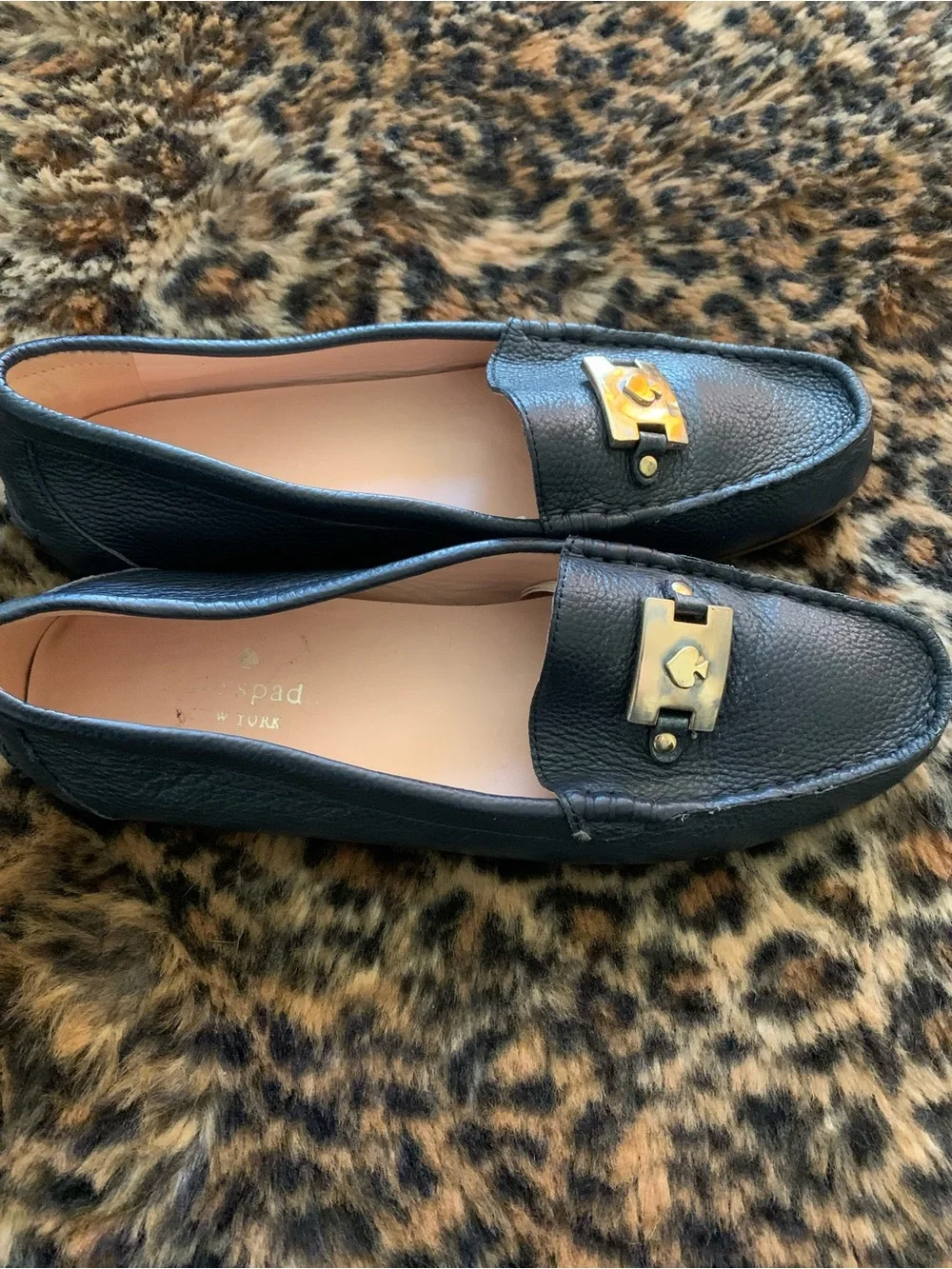 kate spade Black Leather Gold-Buckle Driving Loafers